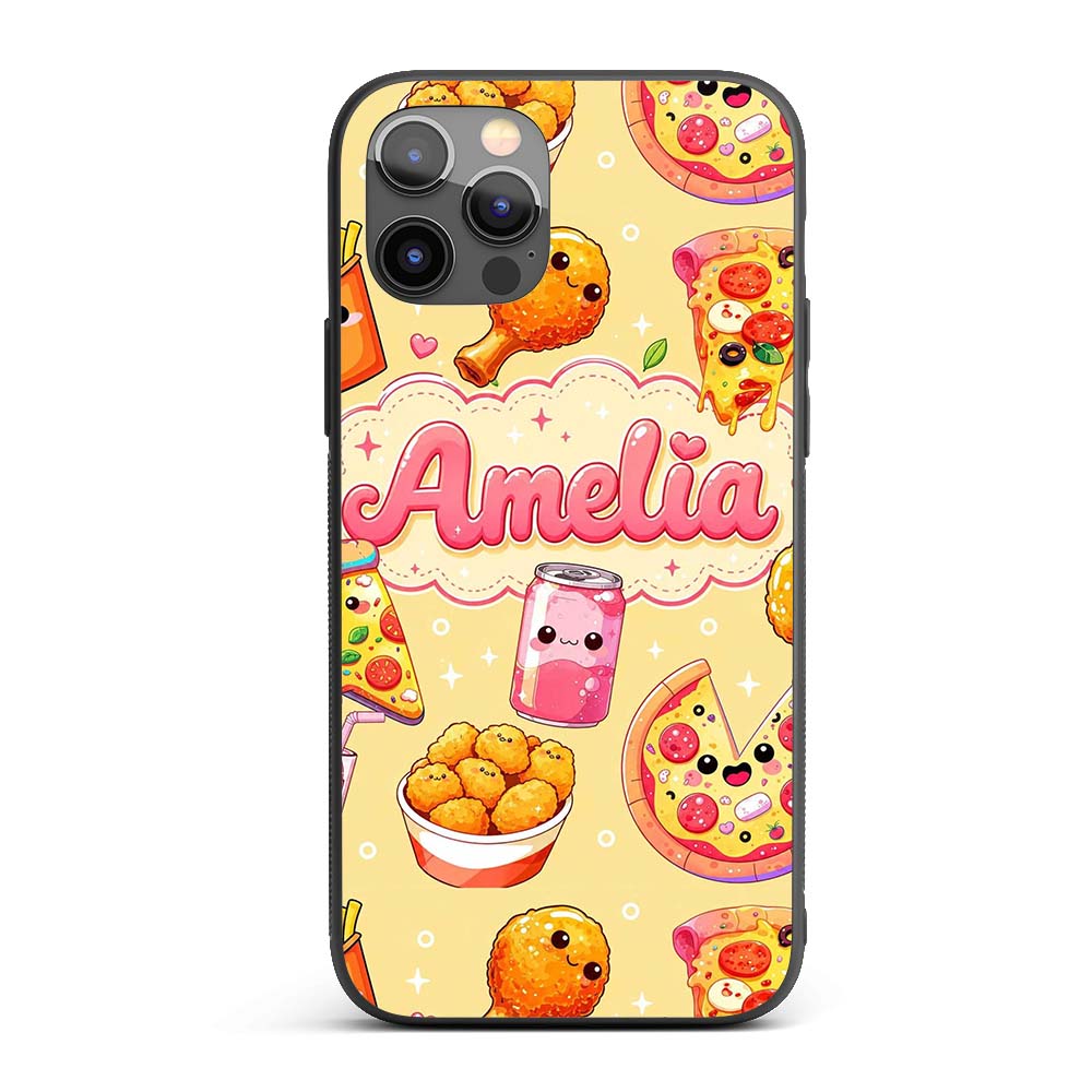 Cute Kawaii Fast Food Pattern with Pizza Fries Custom Name Protective Phone Case Mobile Cover Durable Everyday Smartphone Shock Resistant