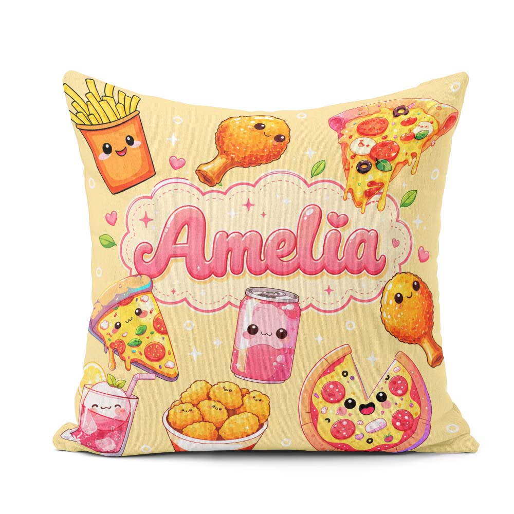 Custom Name Cute Fast Food Pattern with Pizza Fries Chicken Soda Square Filled Cushion Throw Pillow Sofa Bed Home Decor Zip Washable UK Made