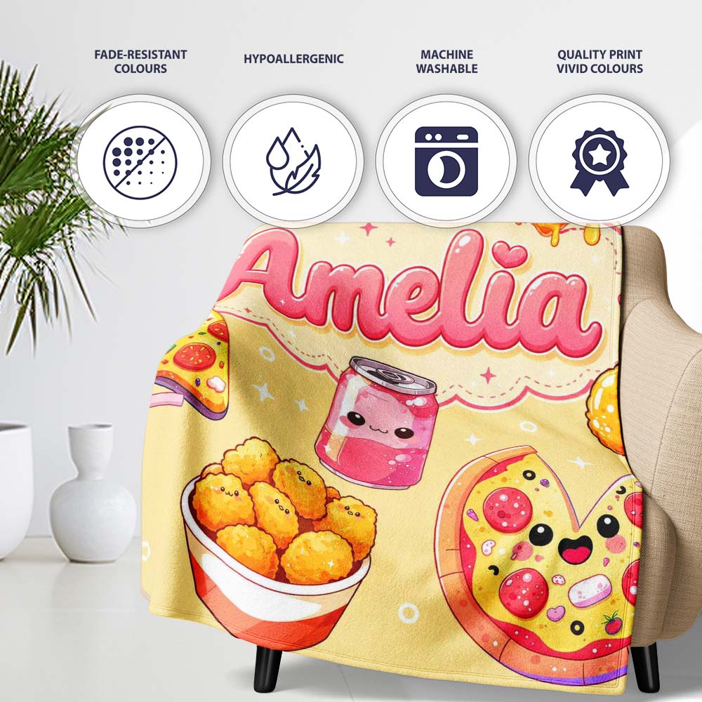 Cute Kawaii Fast Food Pattern with Pizza Fries Chicken Soda Yellow Personalised Custom Name Super Soft Fleece Blanket Bed Sofa Throw