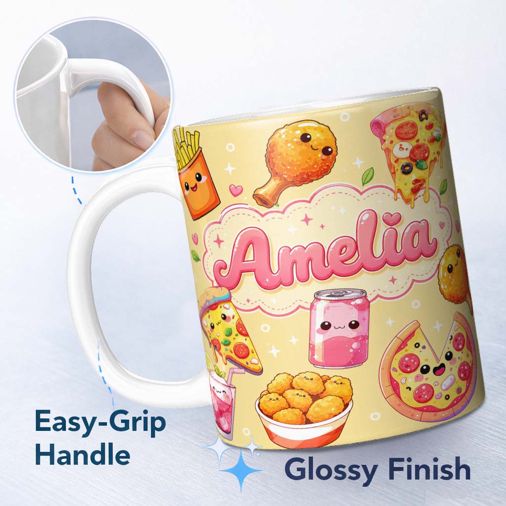 Personalized Custom Name Cute Kawaii Fast Food Pattern with Pizza Fries Chicken Soda Yellow 11oz Ceramic Coffee Tea Mug White Large Handle