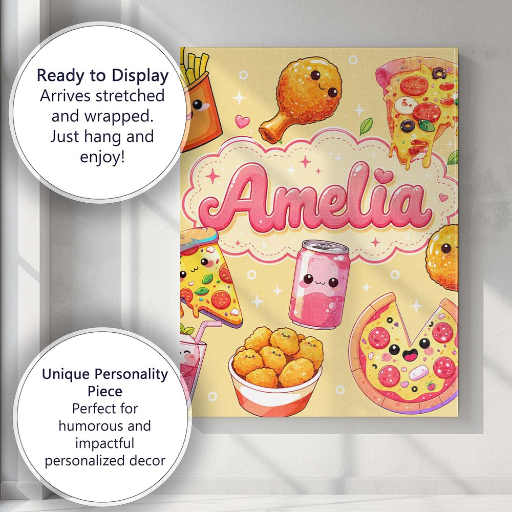Personalised Name Cute Kawaii Fast Food Custom Modern Room Accent Elegant Feature Canvas Wall Art Print Decor Picture Ready to Hang