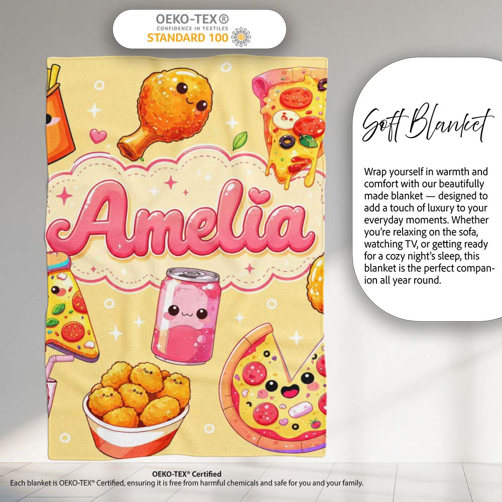 Cute Kawaii Fast Food Pattern with Pizza Fries Chicken Soda Yellow Personalised Custom Name Super Soft Fleece Blanket Bed Sofa Throw