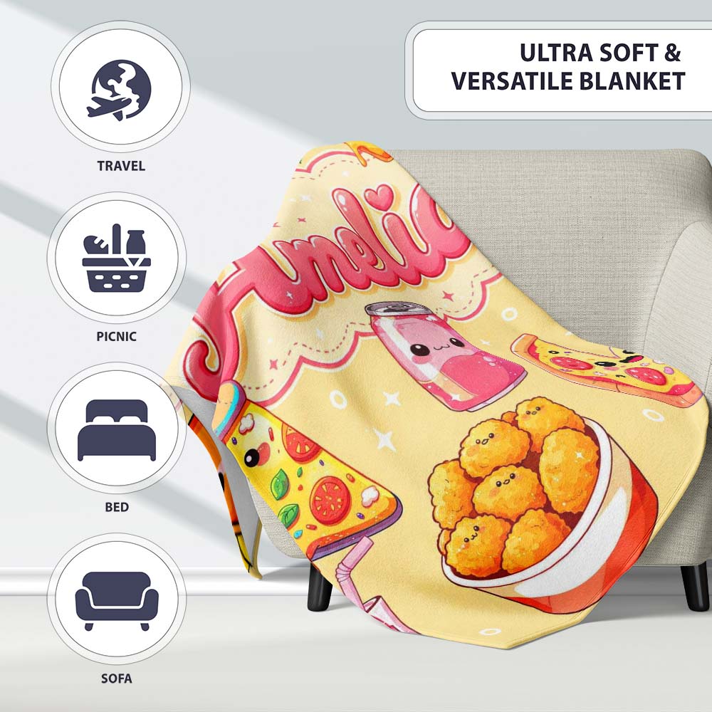 Cute Kawaii Fast Food Pattern with Pizza Fries Chicken Soda Yellow Personalised Custom Name Super Soft Fleece Blanket Bed Sofa Throw