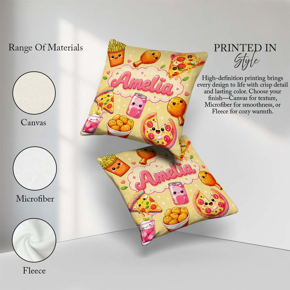 Custom Name Cute Fast Food Pattern with Pizza Fries Chicken Soda Square Filled Cushion Throw Pillow Sofa Bed Home Decor Zip Washable UK Made