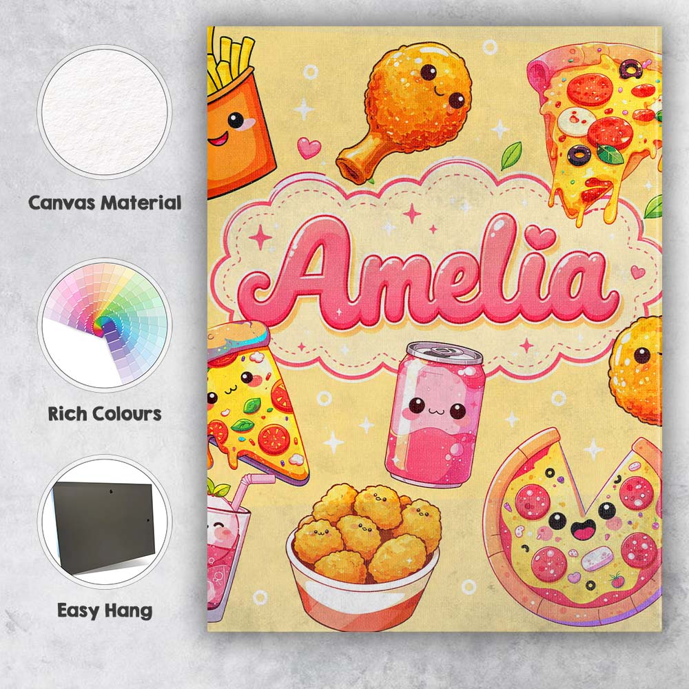 Personalised Name Cute Kawaii Fast Food Custom Modern Room Accent Elegant Feature Canvas Wall Art Print Decor Picture Ready to Hang