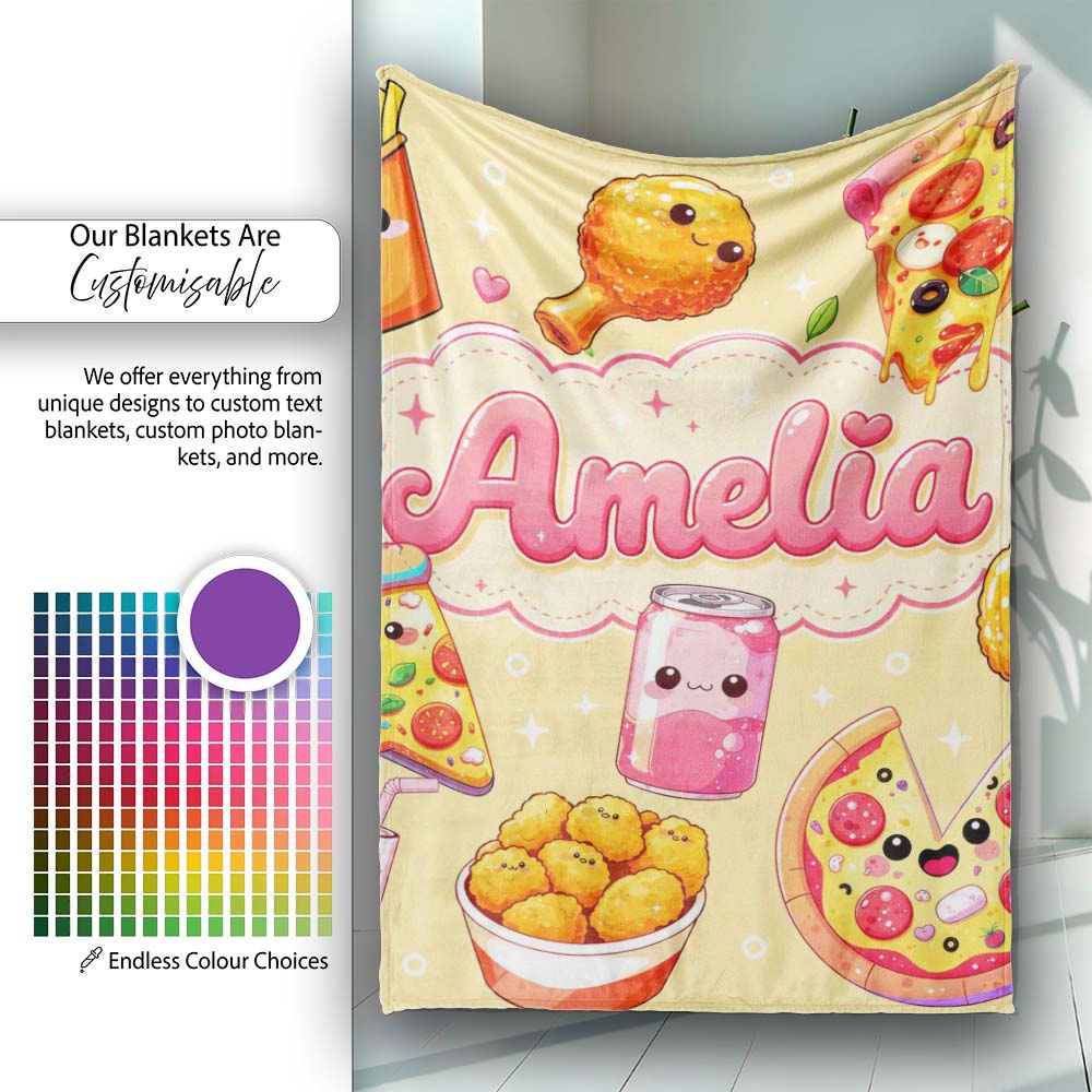 Cute Kawaii Fast Food Pattern with Pizza Fries Chicken Soda Yellow Personalised Custom Name Super Soft Fleece Blanket Bed Sofa Throw