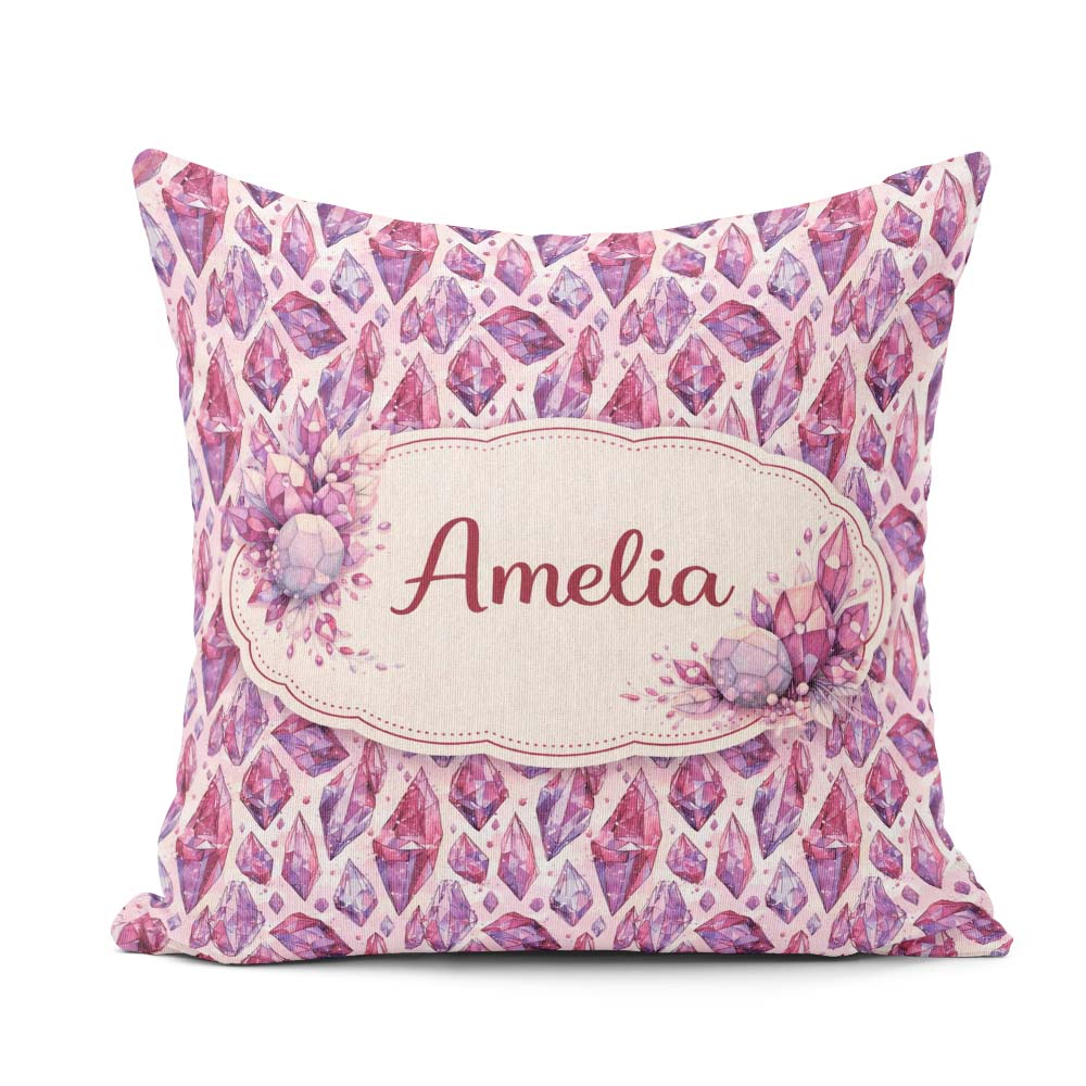 Custom Name Purple Pink Watercolor Crystal Gem Seamless Pattern Square Filled Cushion Throw Pillow Sofa Bed Home Decor Zip Washable UK Made