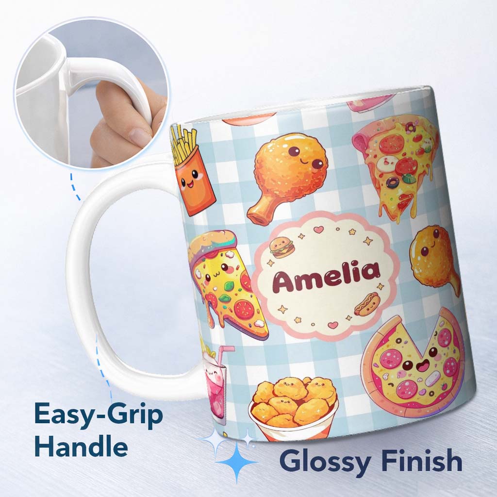 Personalized Custom Name Cute Kawaii Fast Food Pattern with Pizza Chicken Soda Blue Check 11oz Ceramic Coffee Tea Mug White Large Handle