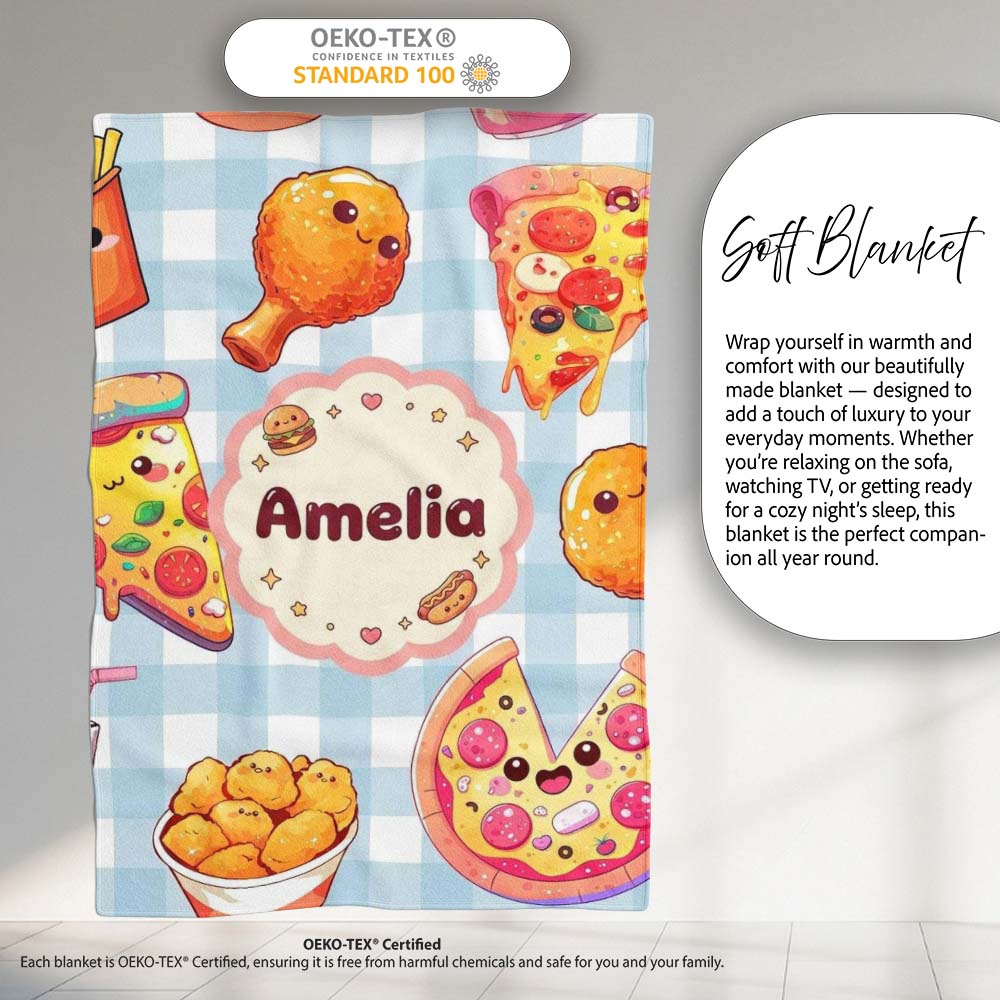 Cute Kawaii Fast Food Pattern with Pizza Chicken Soda Blue Check Personalised Custom Name Super Soft Fleece Blanket Bed Sofa Throw