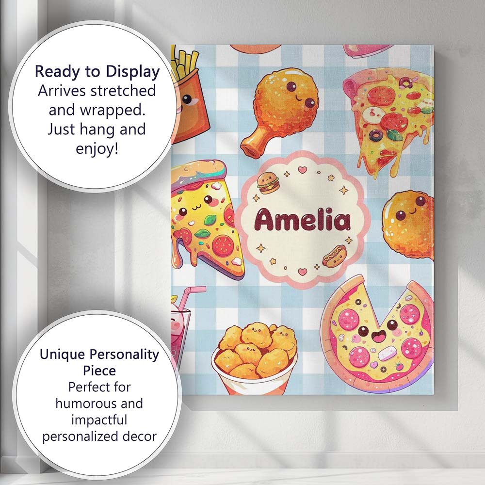 Personalised Name Cute Kawaii Fast Food Custom Modern Room Accent Elegant Feature Canvas Wall Art Print Decor Picture Ready to Hang