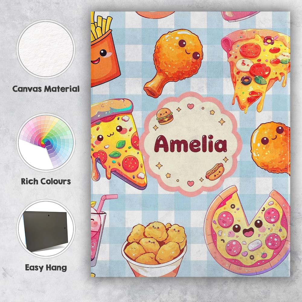 Personalised Name Cute Kawaii Fast Food Custom Modern Room Accent Elegant Feature Canvas Wall Art Print Decor Picture Ready to Hang