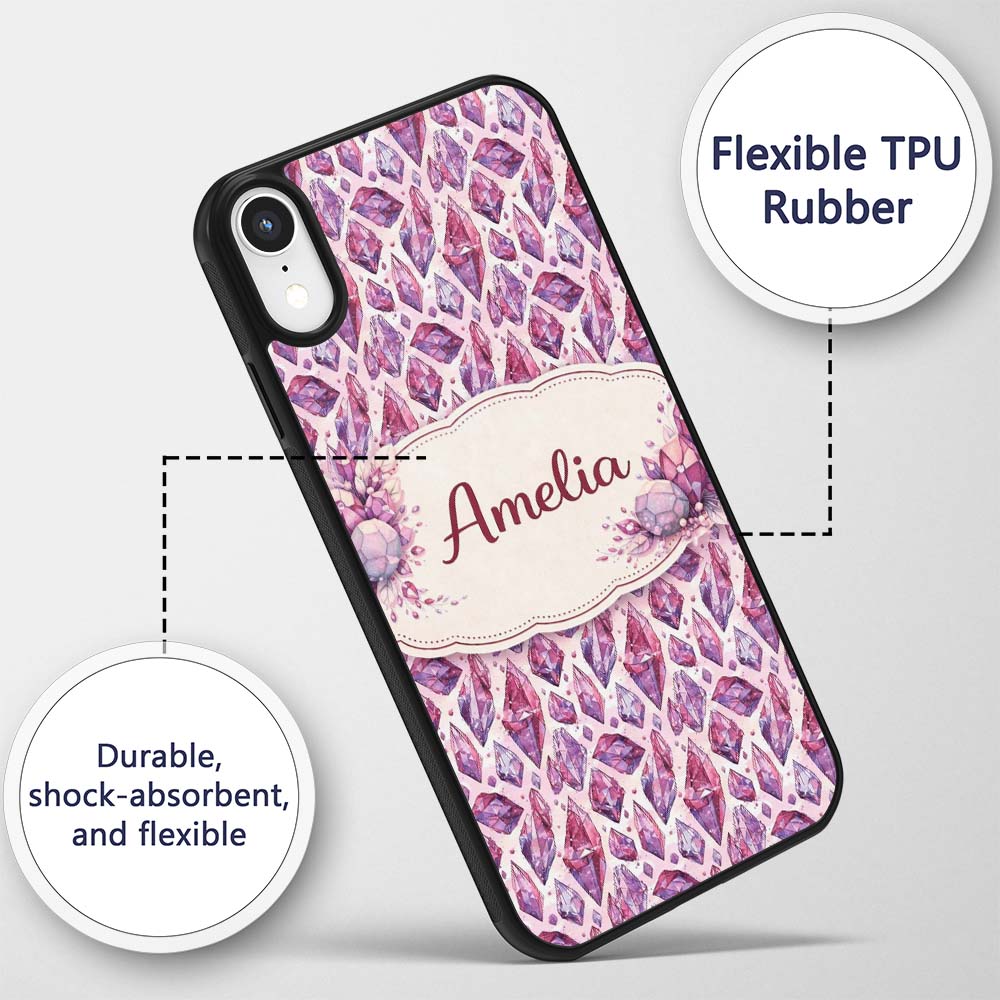 Purple Pink Watercolor Crystal Gem Printed Design Custom Name Protective Phone Case Mobile Cover Durable Everyday Smartphone Shock Resistant
