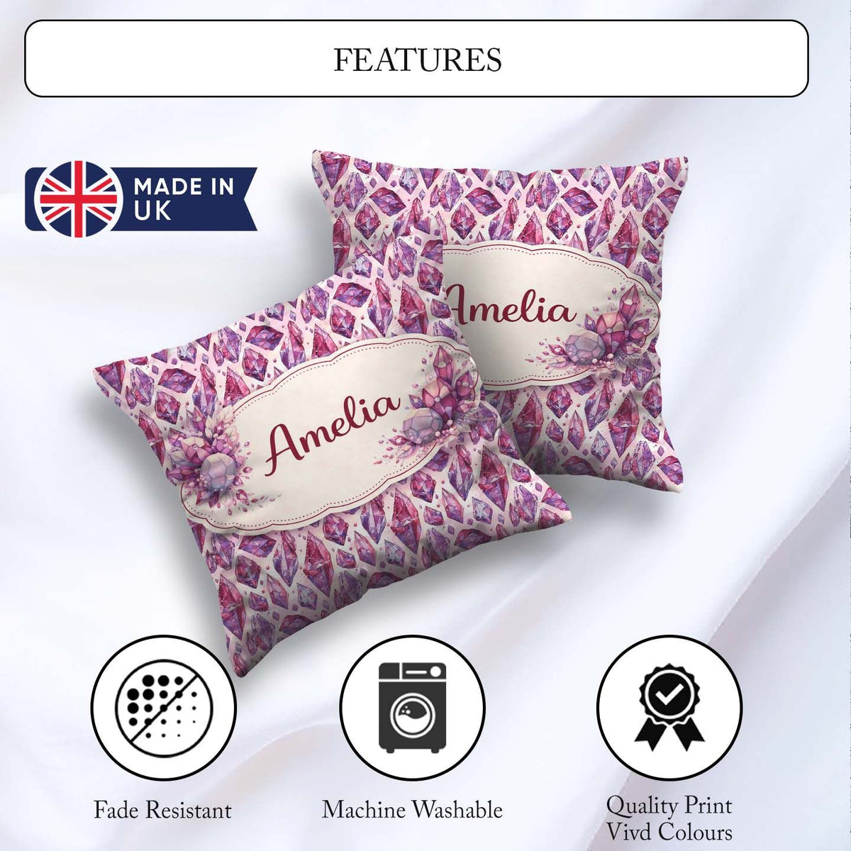 Custom Name Purple Pink Watercolor Crystal Gem Seamless Pattern Square Filled Cushion Throw Pillow Sofa Bed Home Decor Zip Washable UK Made