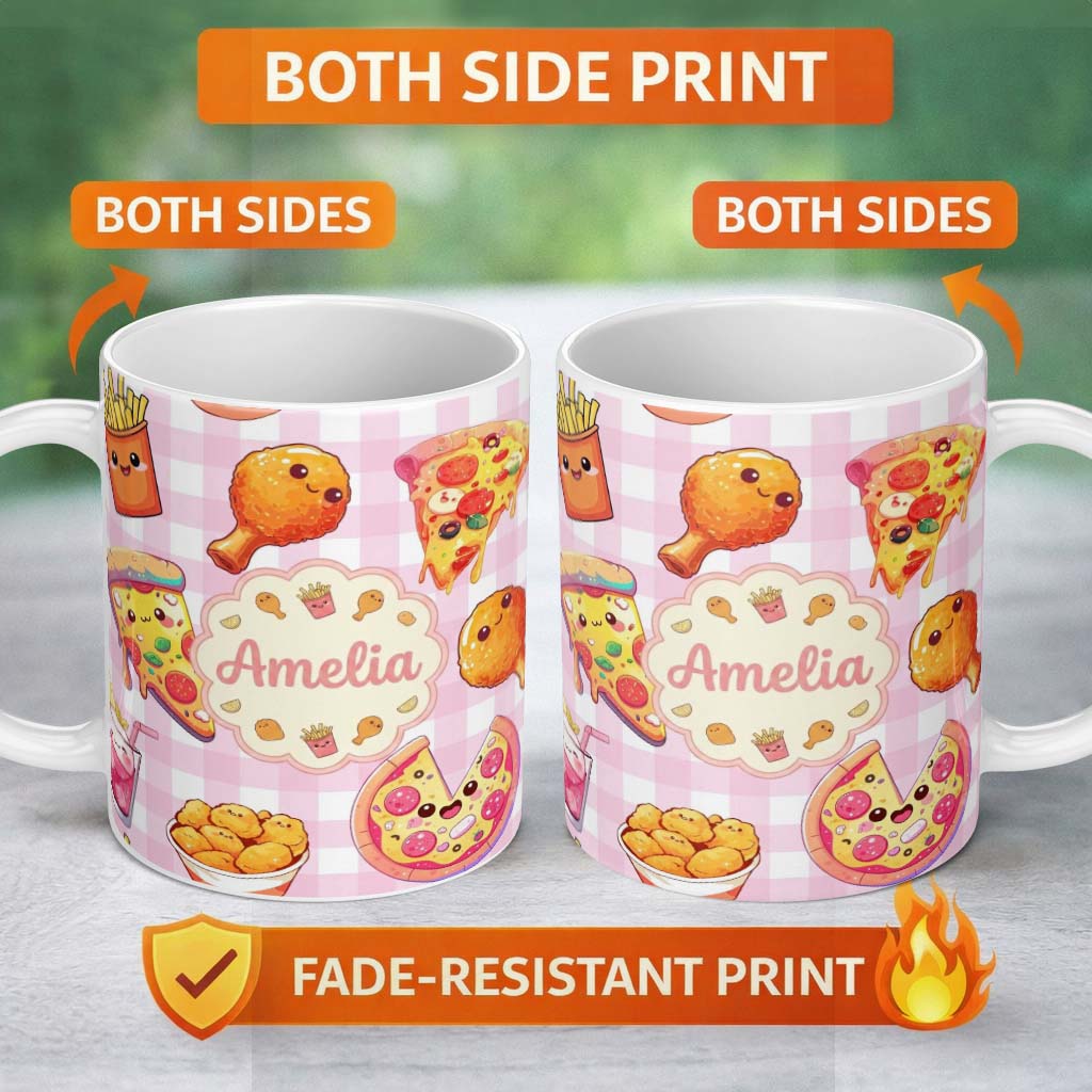 Personalized Custom Name Cute Kawaii Fast Food Pattern with Pizza Chicken Soda Pink Check 11oz Ceramic Coffee Tea Mug White Large Handle