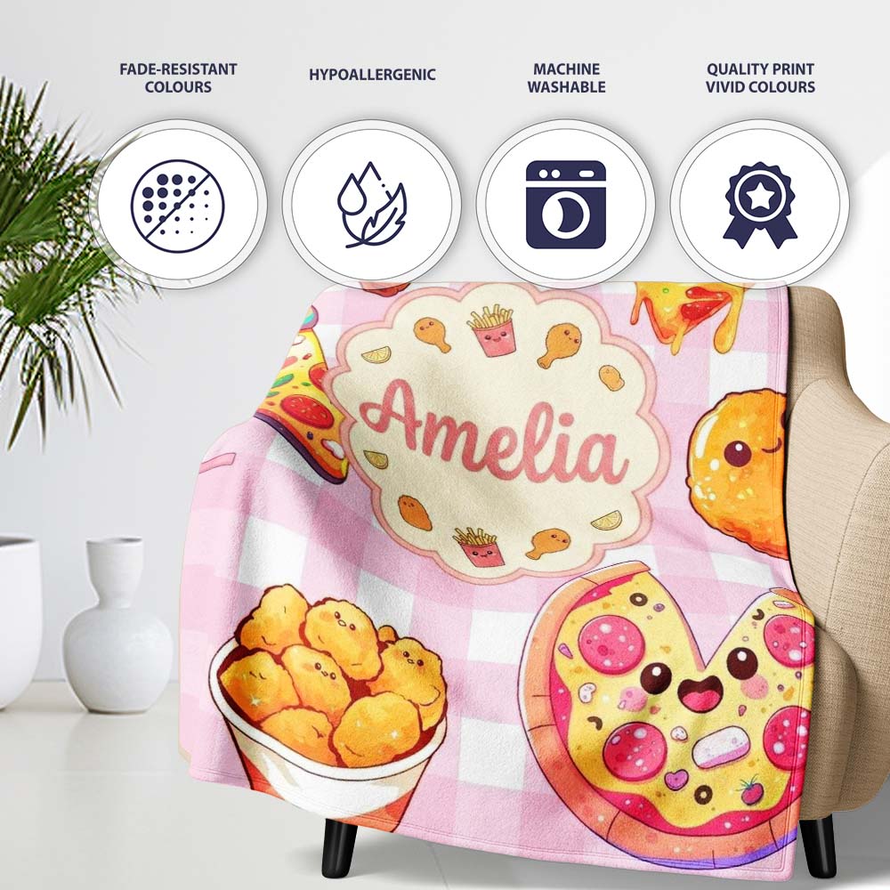 Cute Kawaii Fast Food Pattern with Pizza Chicken Soda Pink Check Personalised Custom Name Super Soft Fleece Blanket Bed Sofa Throw
