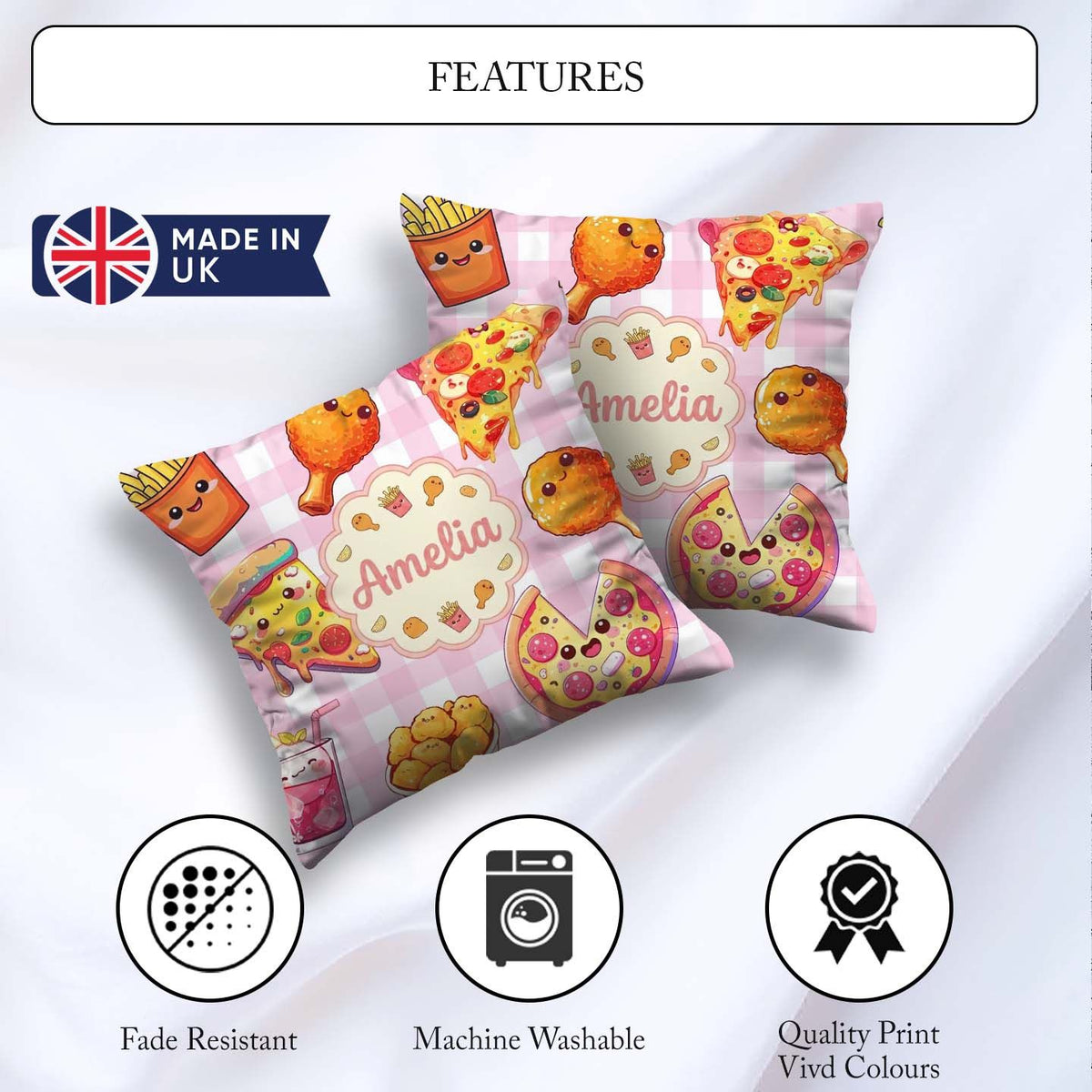Custom Name Fast Food Pattern with Pizza Chicken Soda Pink Check Square Filled Cushion Throw Pillow Sofa Bed Home Decor Zip Washable UK Made