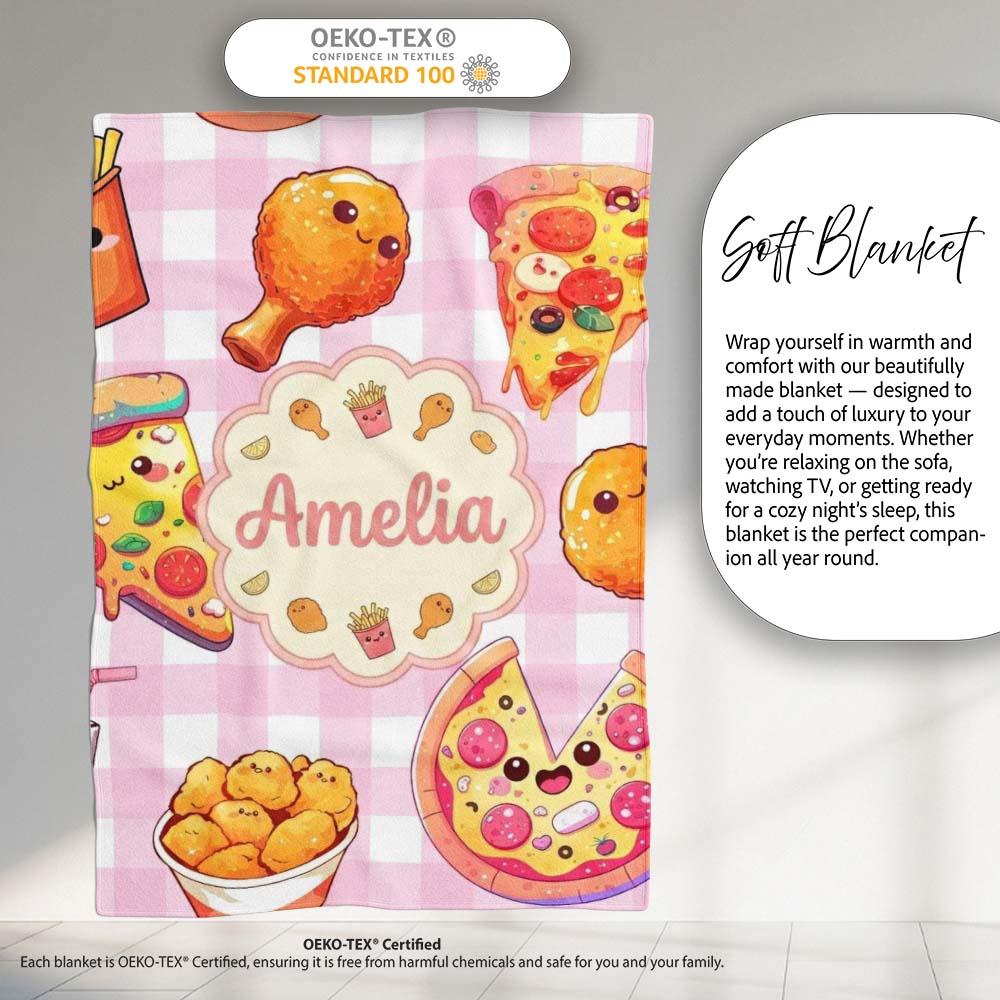 Cute Kawaii Fast Food Pattern with Pizza Chicken Soda Pink Check Personalised Custom Name Super Soft Fleece Blanket Bed Sofa Throw