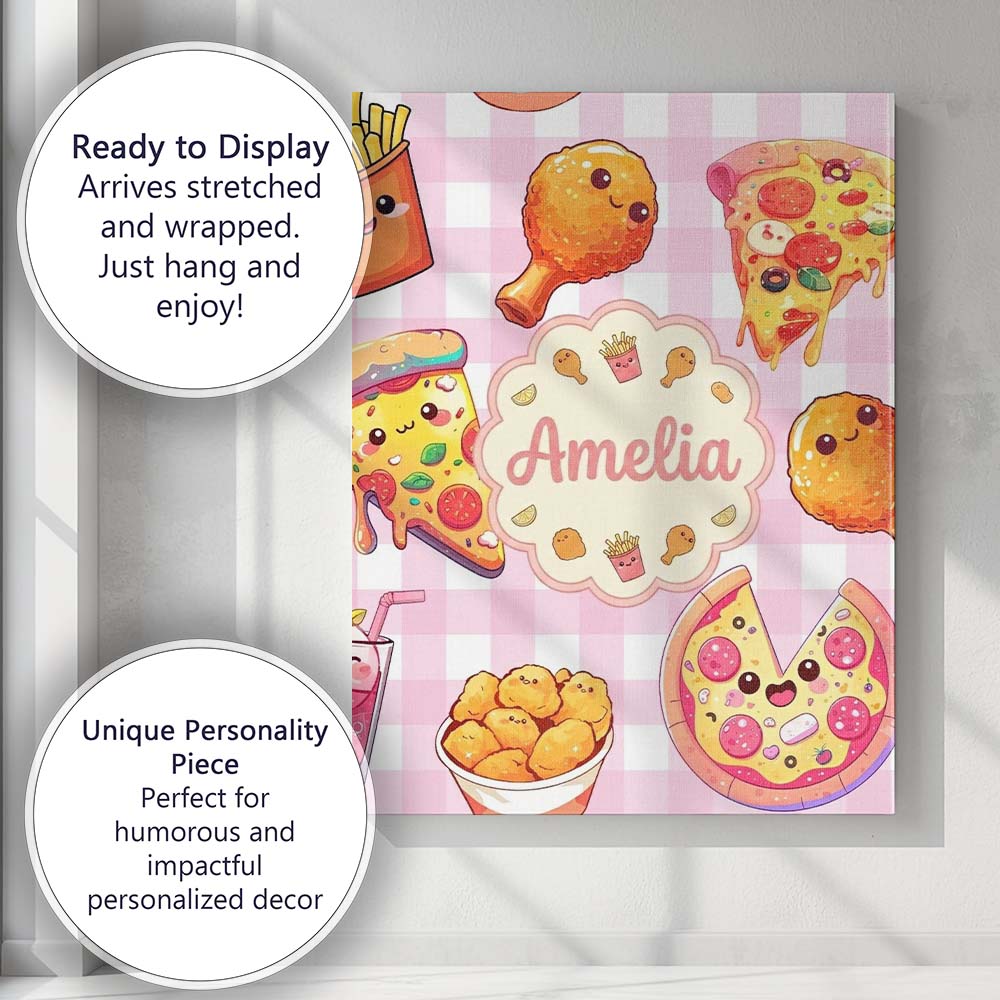 Personalised Name Cute Kawaii Fast Food Custom Modern Room Accent Elegant Feature Canvas Wall Art Print Decor Picture Ready to Hang