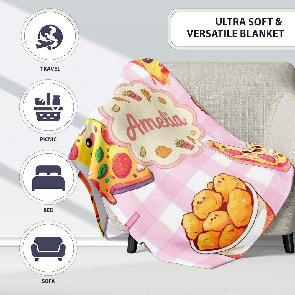 Cute Kawaii Fast Food Pattern with Pizza Chicken Soda Pink Check Personalised Custom Name Super Soft Fleece Blanket Bed Sofa Throw