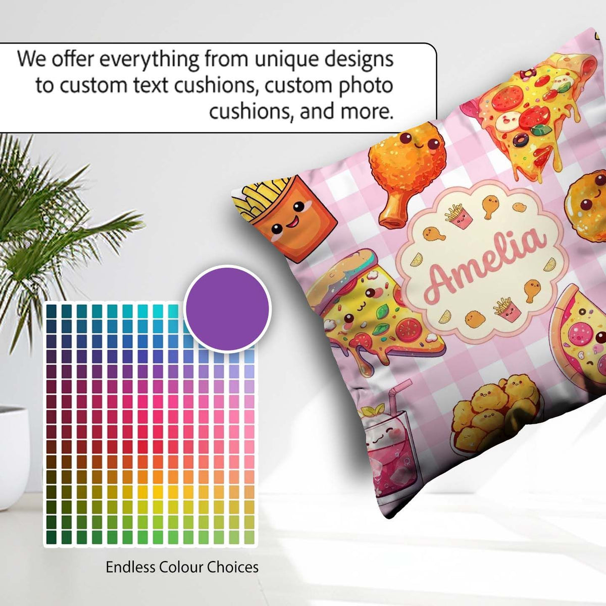 Custom Name Fast Food Pattern with Pizza Chicken Soda Pink Check Square Filled Cushion Throw Pillow Sofa Bed Home Decor Zip Washable UK Made