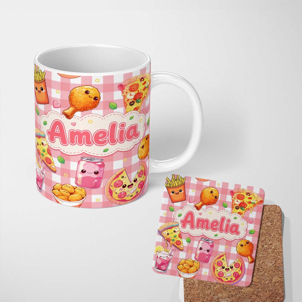 Personalized Custom Name Cute Kawaii Fast Food Pattern with Pizza Chicken Soda Red Check 11oz Ceramic Coffee Tea Mug White Large Handle