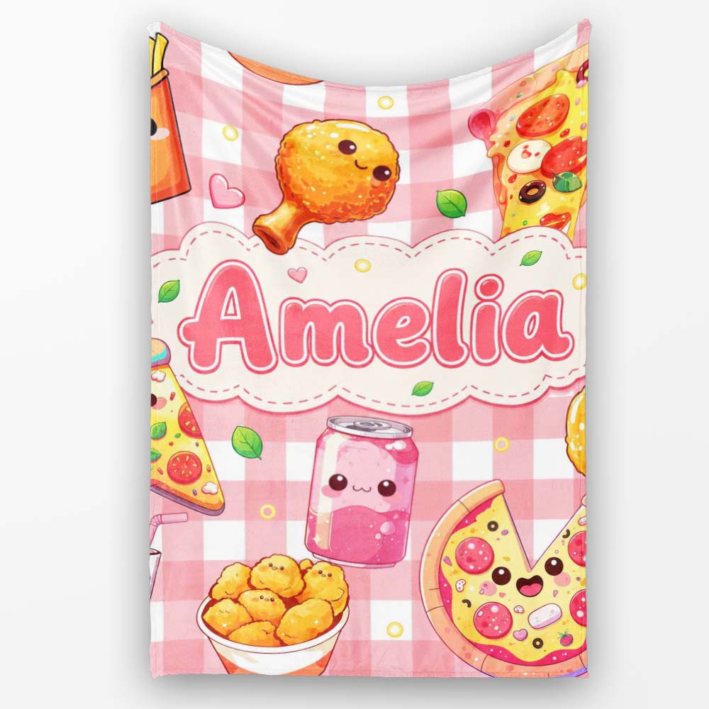 Cute Kawaii Fast Food Pattern with Pizza Chicken Soda Red Check Personalised Custom Name Super Soft Fleece Blanket Bed Sofa Throw