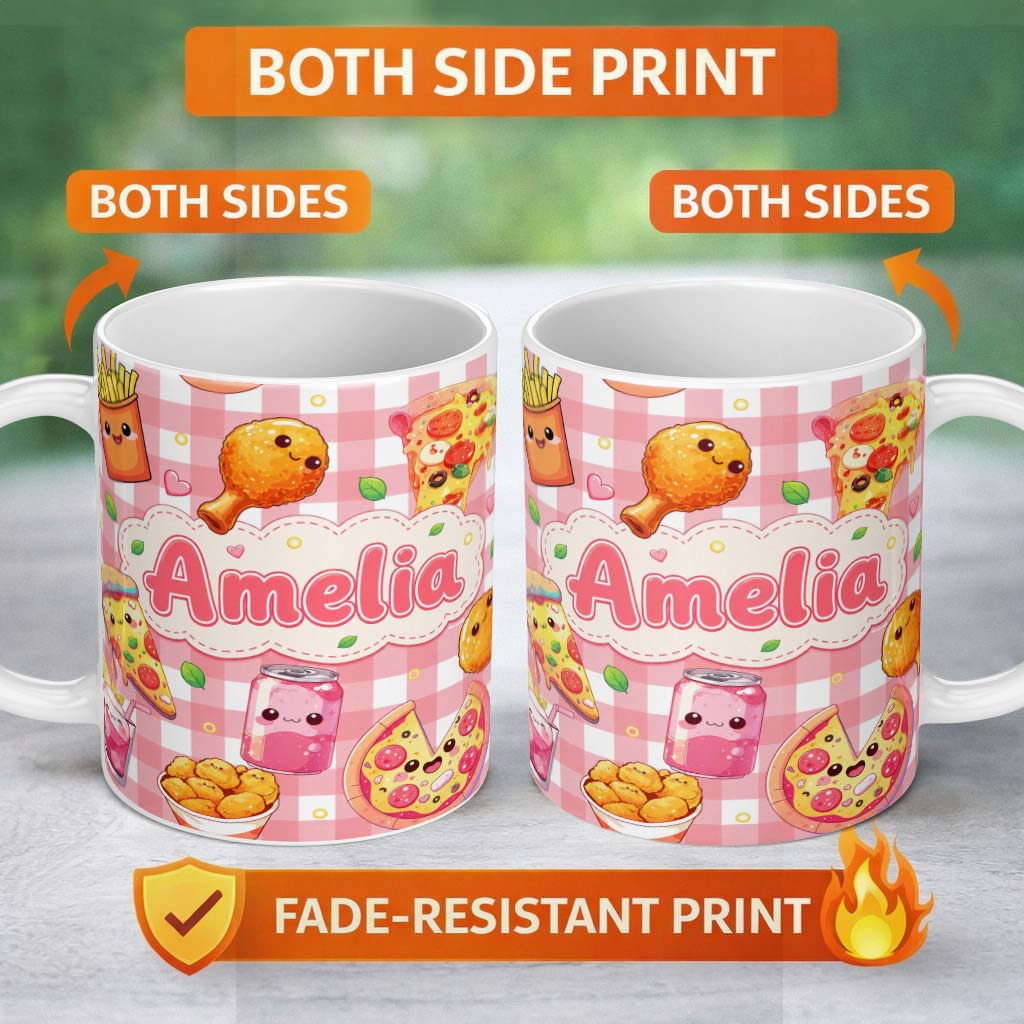 Personalized Custom Name Cute Kawaii Fast Food Pattern with Pizza Chicken Soda Red Check 11oz Ceramic Coffee Tea Mug White Large Handle