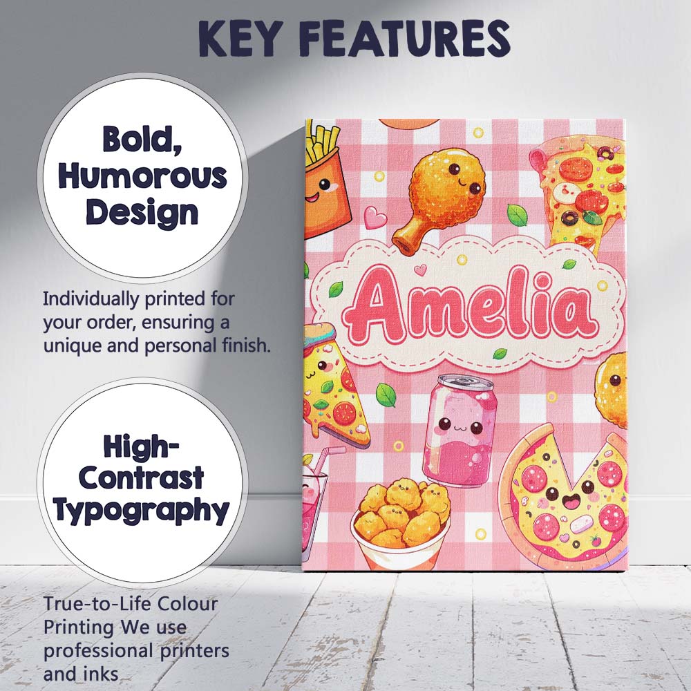Personalised Name Cute Kawaii Fast Food Custom Modern Room Accent Elegant Feature Canvas Wall Art Print Decor Picture Ready to Hang