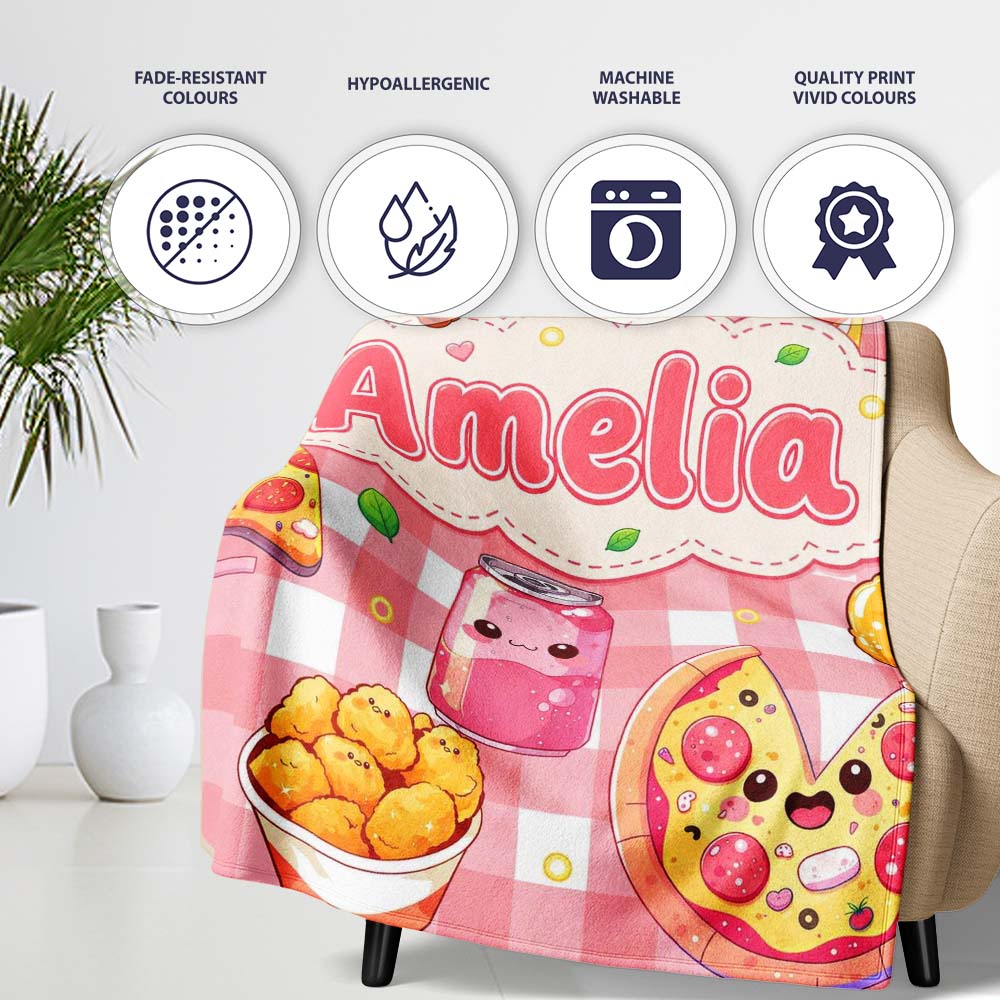 Cute Kawaii Fast Food Pattern with Pizza Chicken Soda Red Check Personalised Custom Name Super Soft Fleece Blanket Bed Sofa Throw