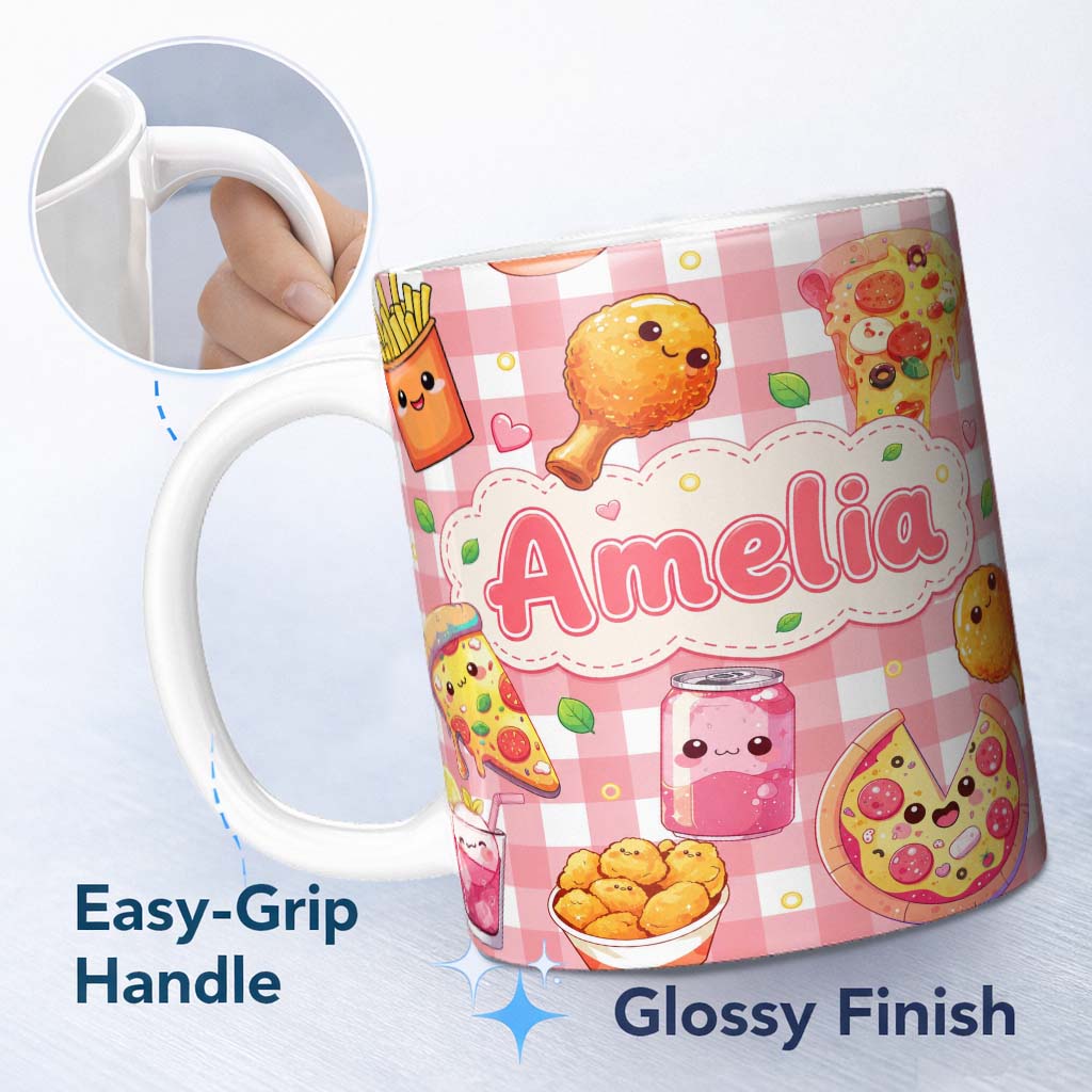 Personalized Custom Name Cute Kawaii Fast Food Pattern with Pizza Chicken Soda Red Check 11oz Ceramic Coffee Tea Mug White Large Handle
