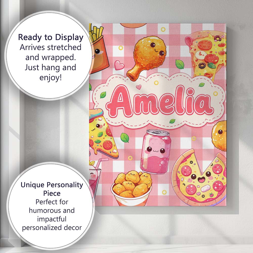 Personalised Name Cute Kawaii Fast Food Custom Modern Room Accent Elegant Feature Canvas Wall Art Print Decor Picture Ready to Hang