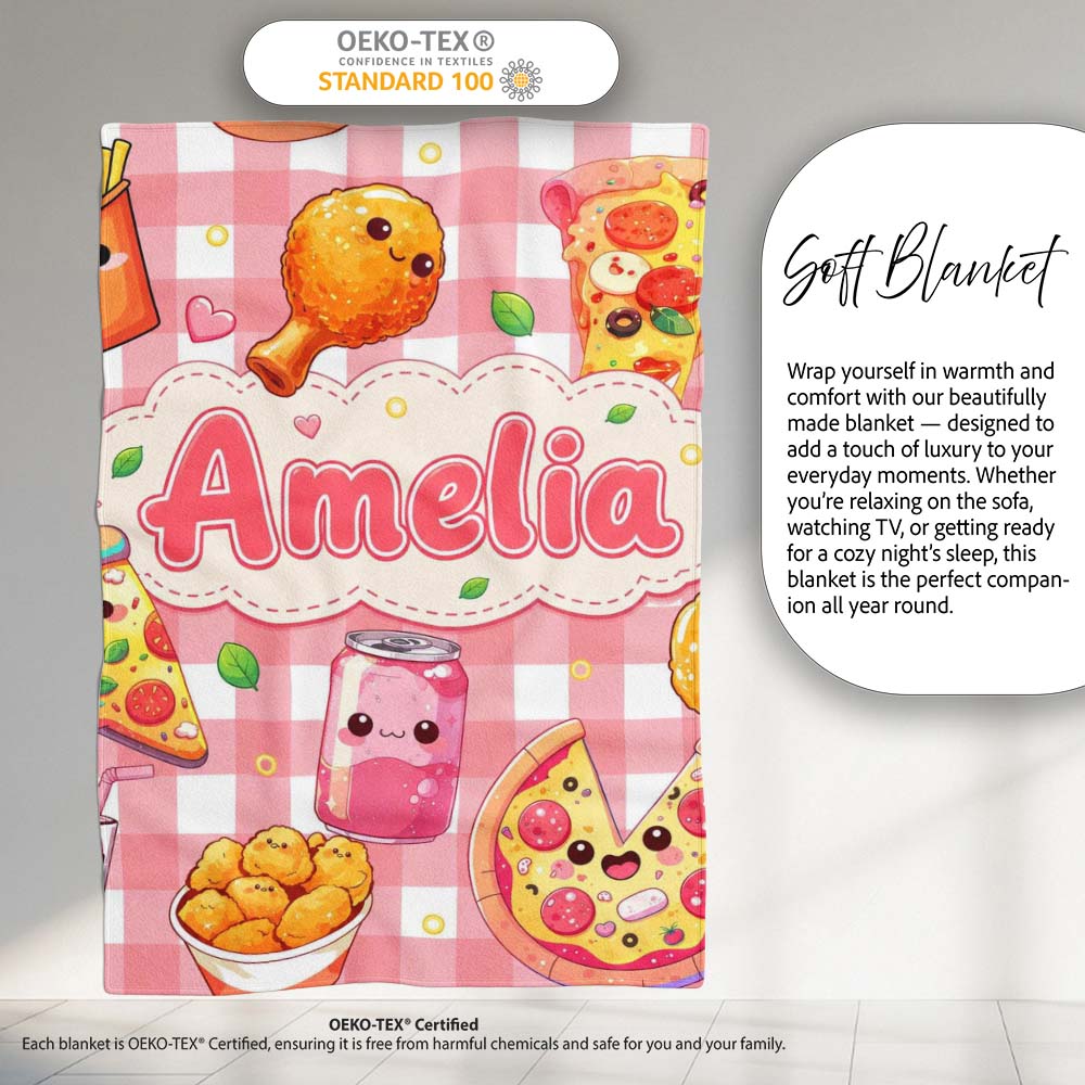 Cute Kawaii Fast Food Pattern with Pizza Chicken Soda Red Check Personalised Custom Name Super Soft Fleece Blanket Bed Sofa Throw