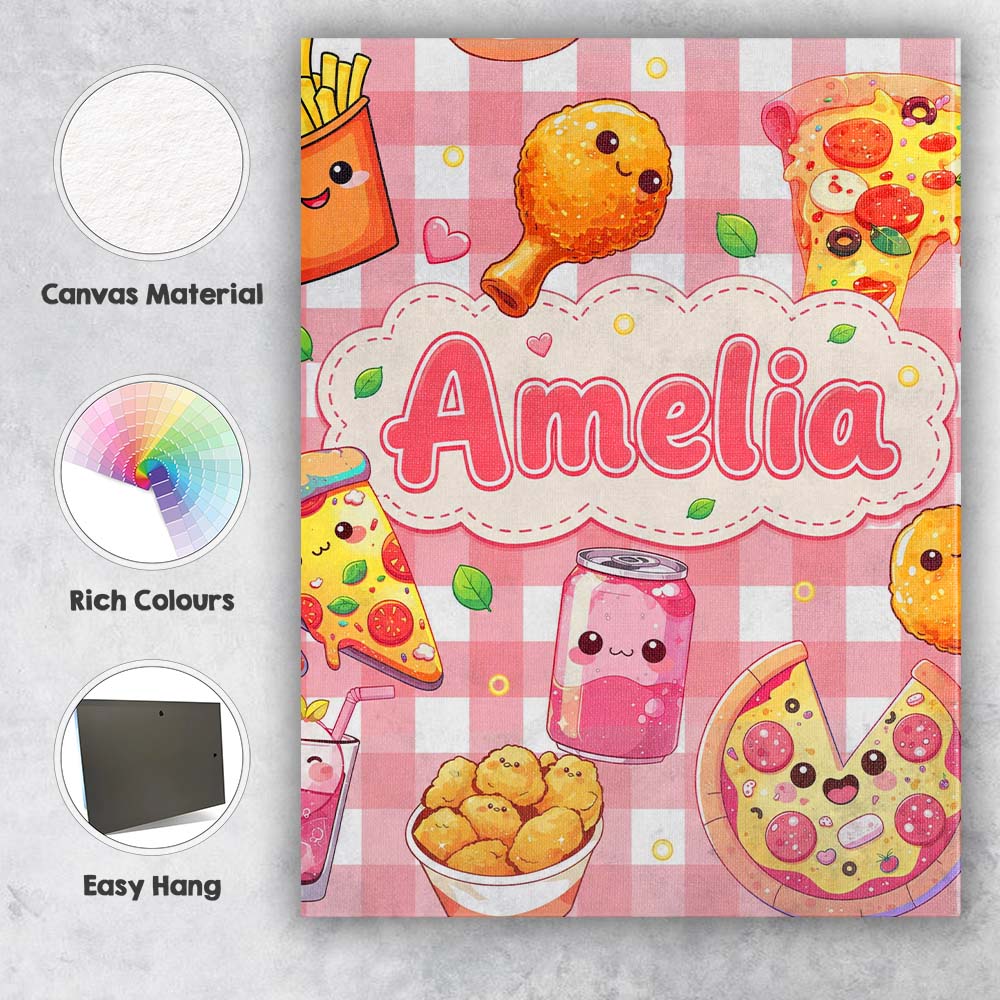 Personalised Name Cute Kawaii Fast Food Custom Modern Room Accent Elegant Feature Canvas Wall Art Print Decor Picture Ready to Hang