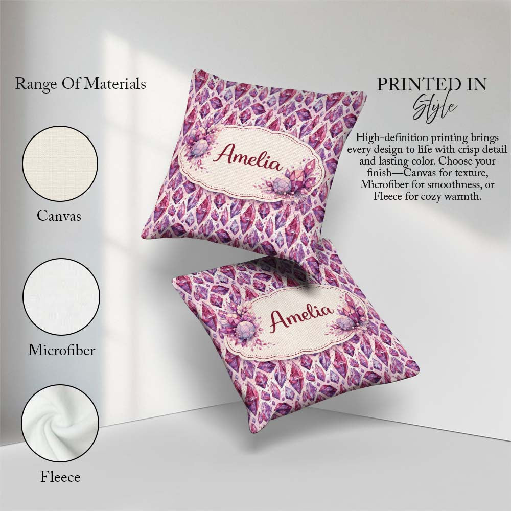 Custom Name Purple Pink Watercolor Crystal Gem Seamless Pattern Square Filled Cushion Throw Pillow Sofa Bed Home Decor Zip Washable UK Made
