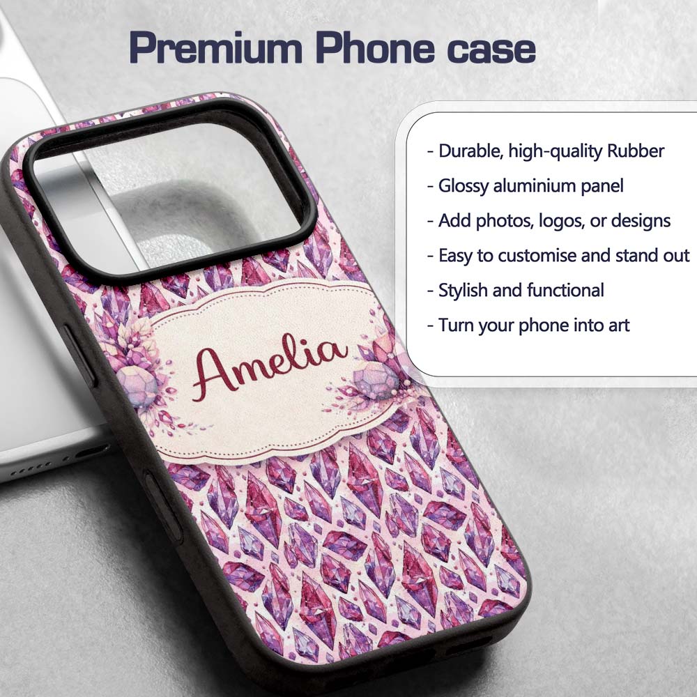 Purple Pink Watercolor Crystal Gem Printed Design Custom Name Protective Phone Case Mobile Cover Durable Everyday Smartphone Shock Resistant