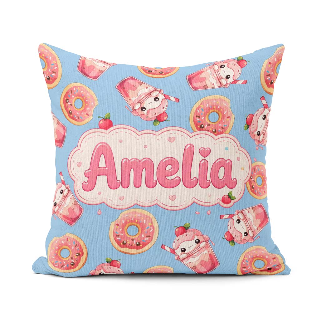 Custom Name Cute Kawaii Donut and Strawberry Drink Seamless Blue Square Filled Cushion Throw Pillow Sofa Bed Home Decor Zip Washable UK Made
