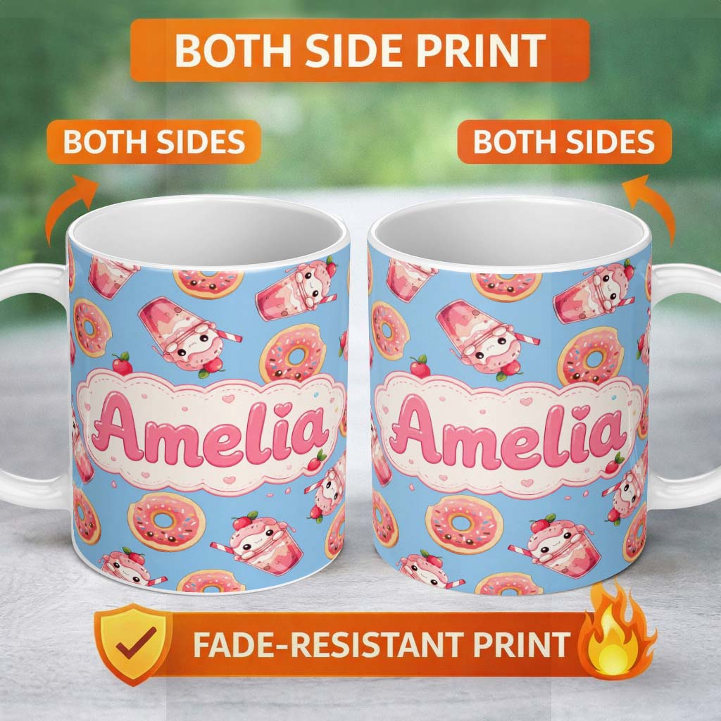 Personalized Custom Name Cute Kawaii Donut and Strawberry Drink Seamless Pattern Blue 11oz Ceramic Coffee Tea Mug White Large Handle