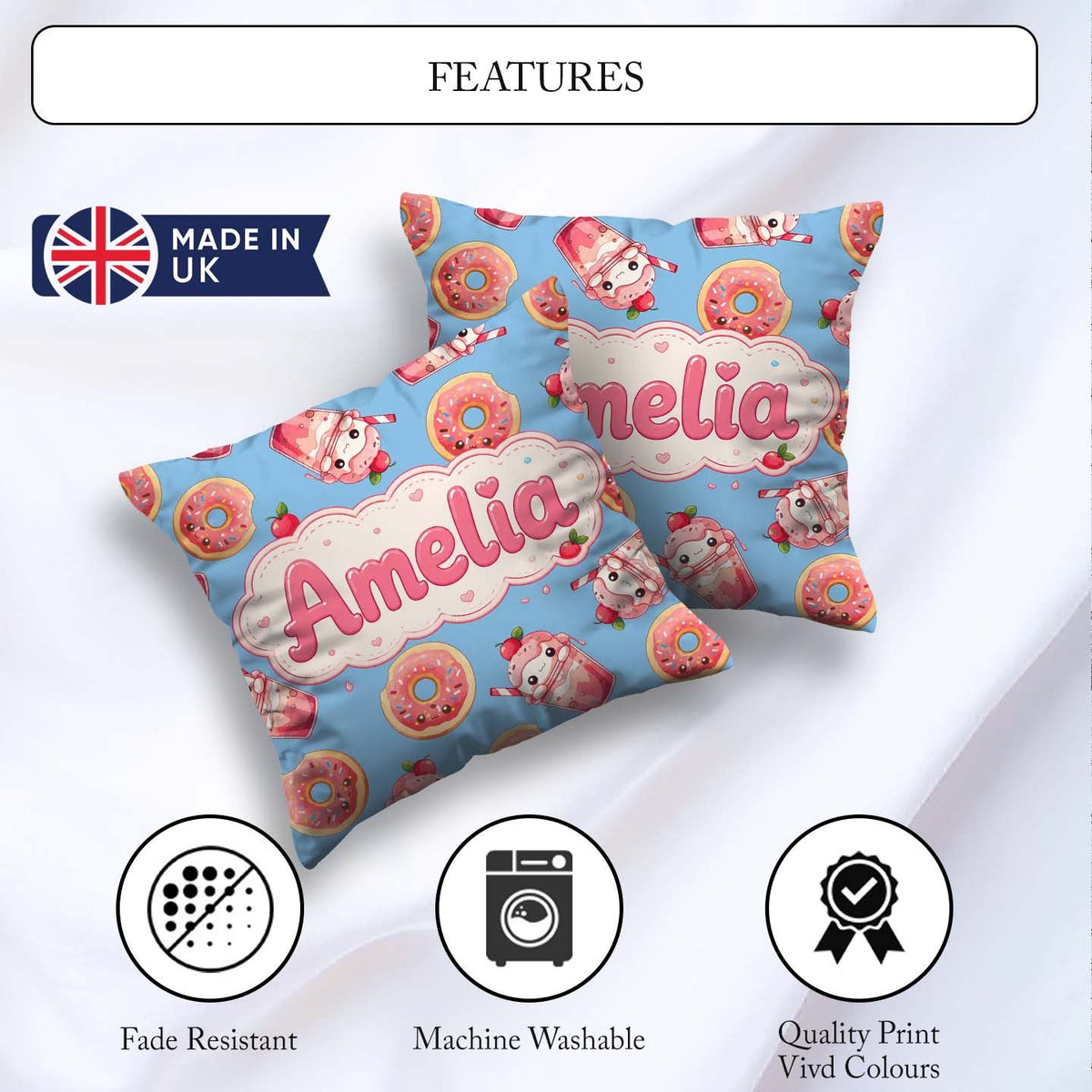 Custom Name Cute Kawaii Donut and Strawberry Drink Seamless Blue Square Filled Cushion Throw Pillow Sofa Bed Home Decor Zip Washable UK Made