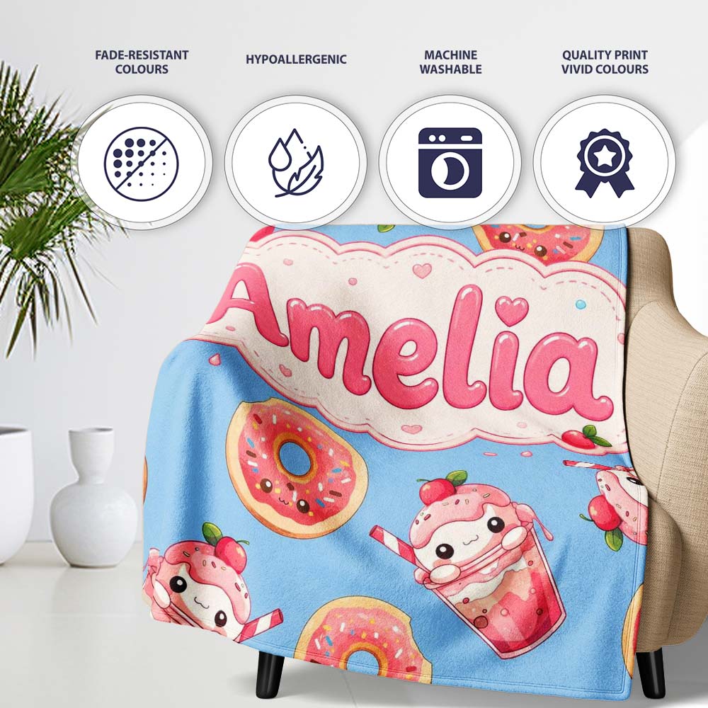 Cute Kawaii Donut and Strawberry Drink Seamless Pattern Blue Personalised Custom Name Super Soft Fleece Blanket Bed Sofa Throw