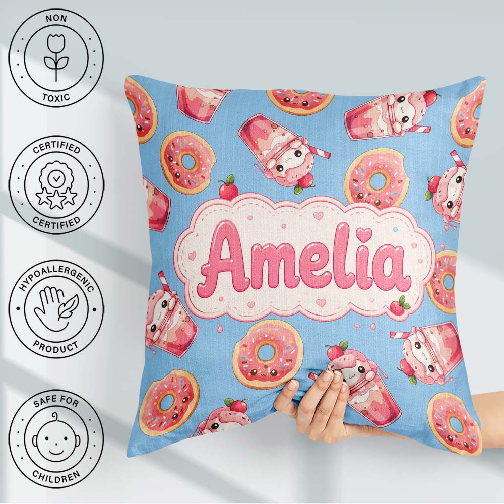 Custom Name Cute Kawaii Donut and Strawberry Drink Seamless Blue Square Filled Cushion Throw Pillow Sofa Bed Home Decor Zip Washable UK Made