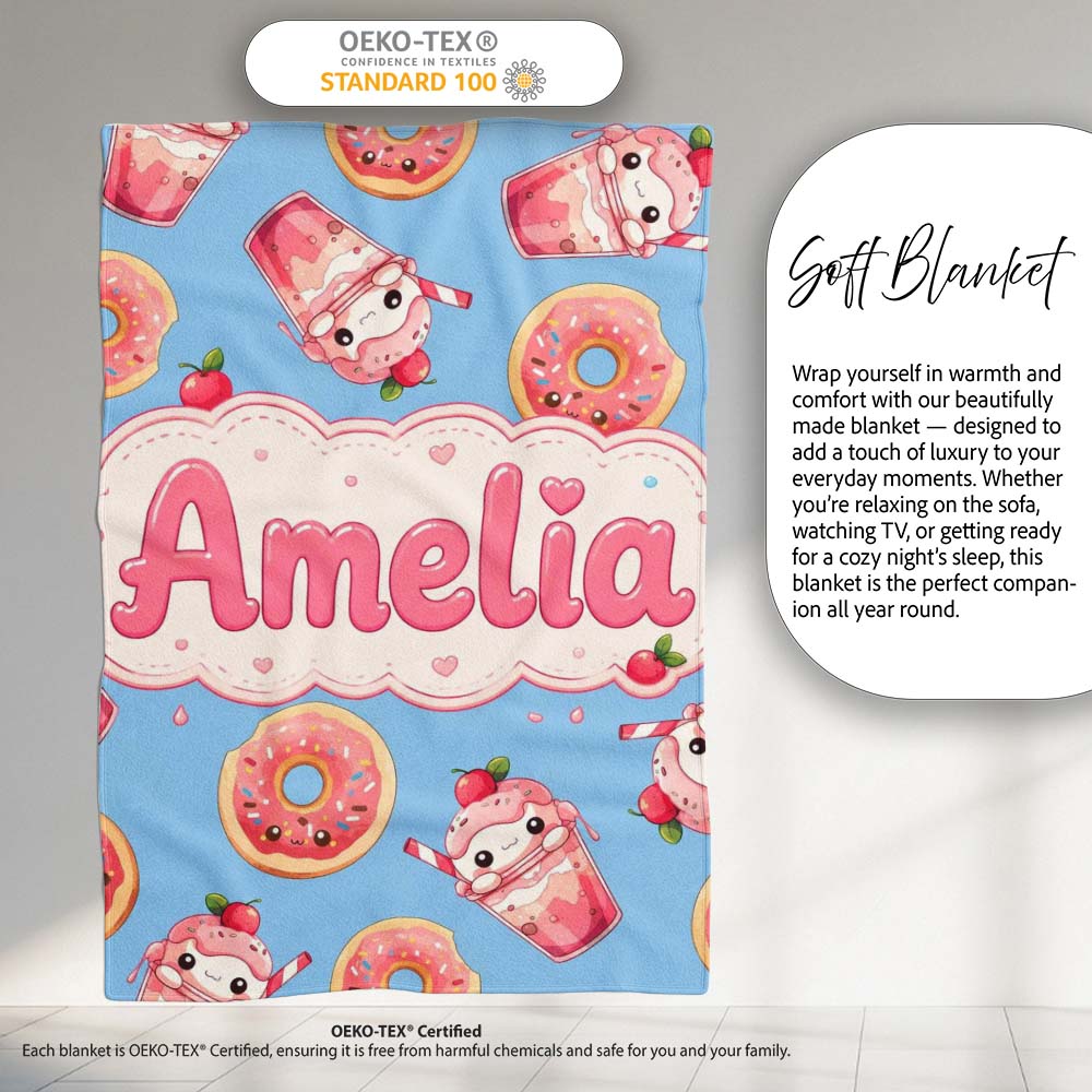 Cute Kawaii Donut and Strawberry Drink Seamless Pattern Blue Personalised Custom Name Super Soft Fleece Blanket Bed Sofa Throw