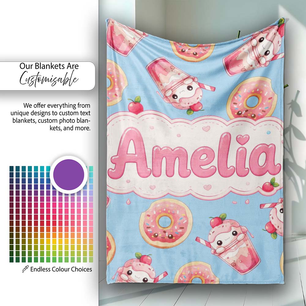 Cute Kawaii Donut and Strawberry Drink Seamless Pattern Blue Personalised Custom Name Super Soft Fleece Blanket Bed Sofa Throw