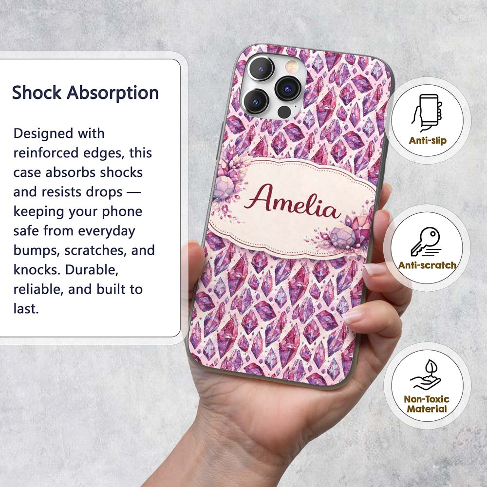 Purple Pink Watercolor Crystal Gem Printed Design Custom Name Protective Phone Case Mobile Cover Durable Everyday Smartphone Shock Resistant