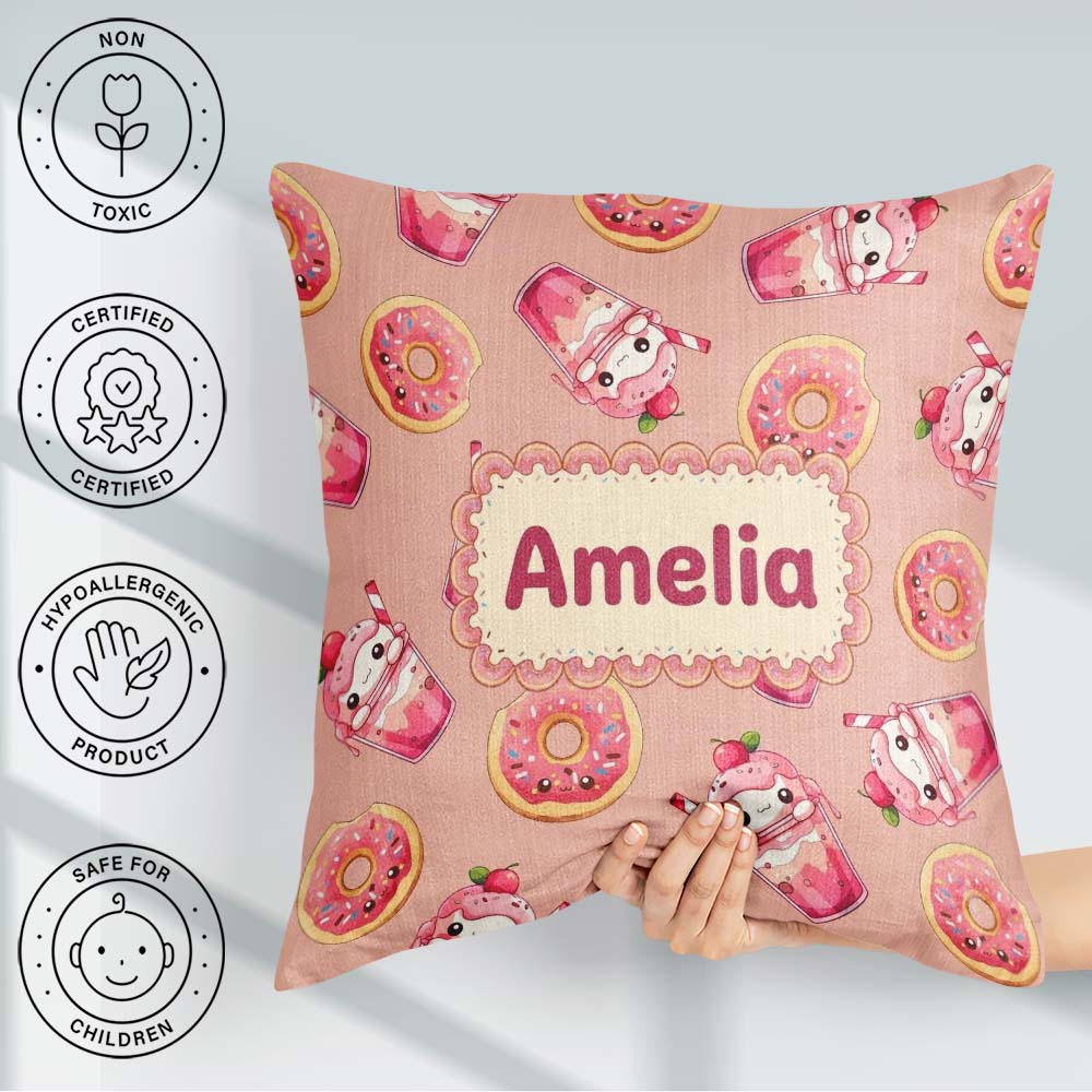 Custom Name Cute Kawaii Donut and Strawberry Drink Pattern Peach Square Filled Cushion Throw Pillow Sofa Bed Home Decor Zip Washable UK Made
