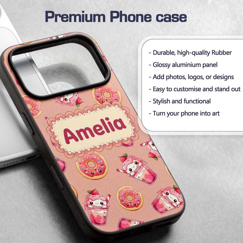 Cute Kawaii Donut and Strawberry Drink Seamless Custom Name Protective Phone Case Mobile Cover Durable Everyday Smartphone Shock Resistant