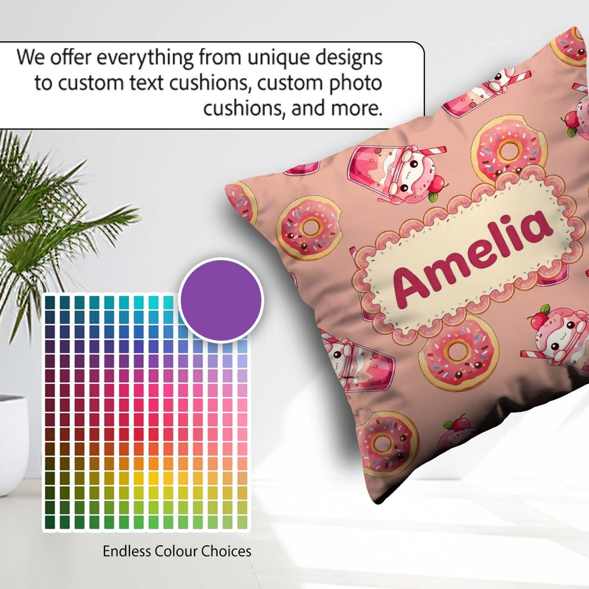 Custom Name Cute Kawaii Donut and Strawberry Drink Pattern Peach Square Filled Cushion Throw Pillow Sofa Bed Home Decor Zip Washable UK Made