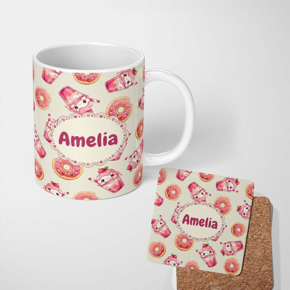 Personalized Custom Name Cute Kawaii Donut and Strawberry Drink Seamless Pattern Cream 11oz Ceramic Coffee Tea Mug White Large Handle
