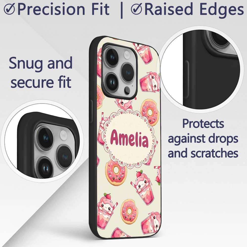 Cute Kawaii Donut and Strawberry Drink Seamless Custom Name Protective Phone Case Mobile Cover Durable Everyday Smartphone Shock Resistant