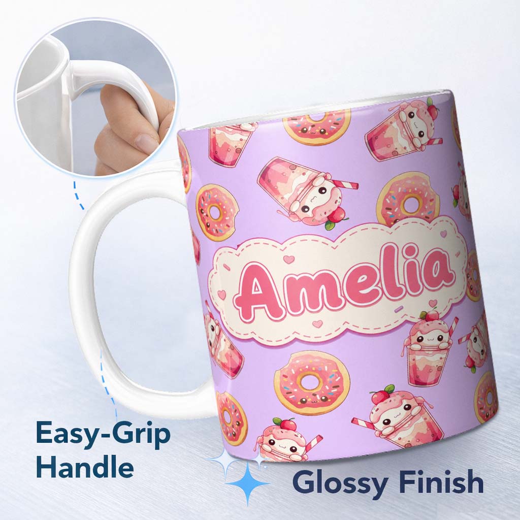 Personalized Custom Name Cute Kawaii Donut and Strawberry Drink Seamless Pattern Purple 11oz Ceramic Coffee Tea Mug White Large Handle