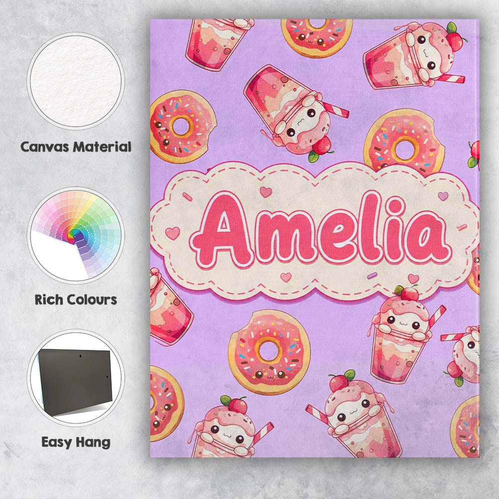 Personalised Name Cute Kawaii Donut and Custom Modern Room Accent Elegant Feature Canvas Wall Art Print Decor Picture Ready to Hang